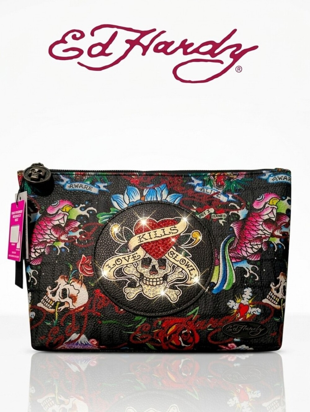 ED HARDY Rhinestone Black Cosmetic BAG LOVE KILLS SLOWLY Multicolor Tattoo